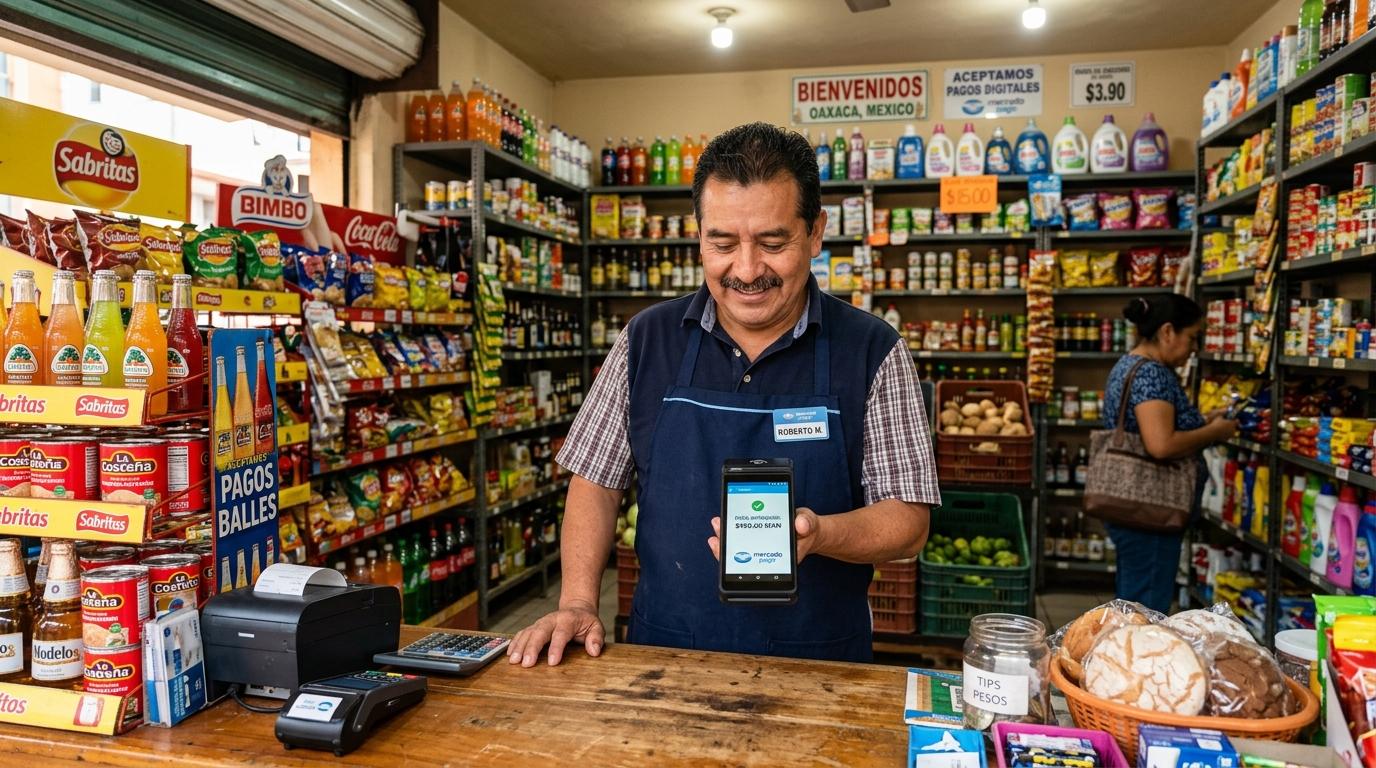 Propietario de una pequeña tienda en México revisando una terminal de pagos digital mientras está de pie detrás de su mostrador de negocio
