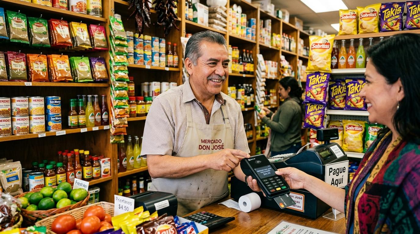 Un pequeño comerciante sonriendo mientras procesa un pago con una terminal portátil en el mostrador de su tienda de abarrotes mexicana, ambiente acogedor
