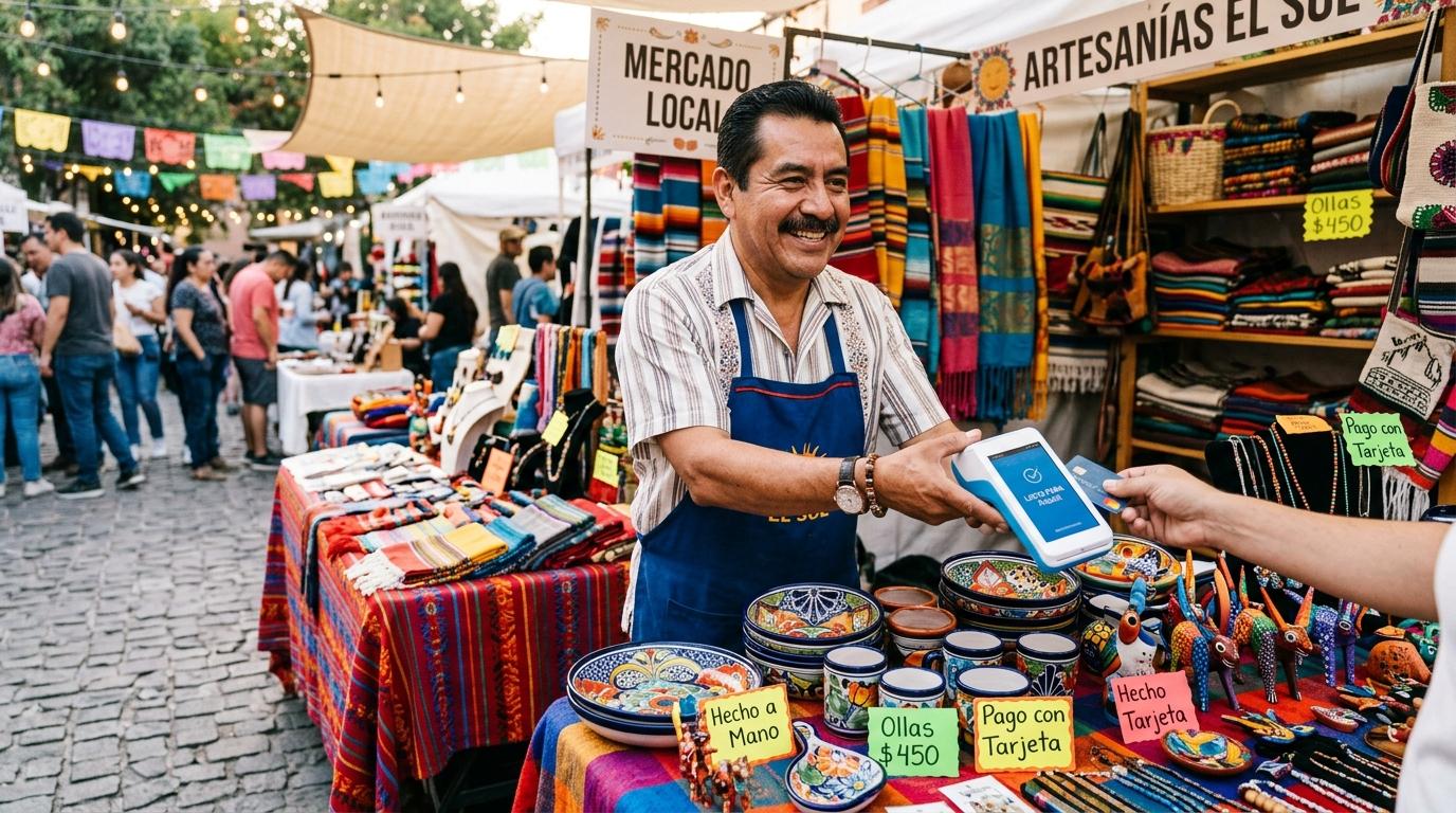 Emprendedor mexicano atendiendo su puesto en un bazaar local con una terminal de cobro inalámbrica en mano, exhibición de productos artesanales