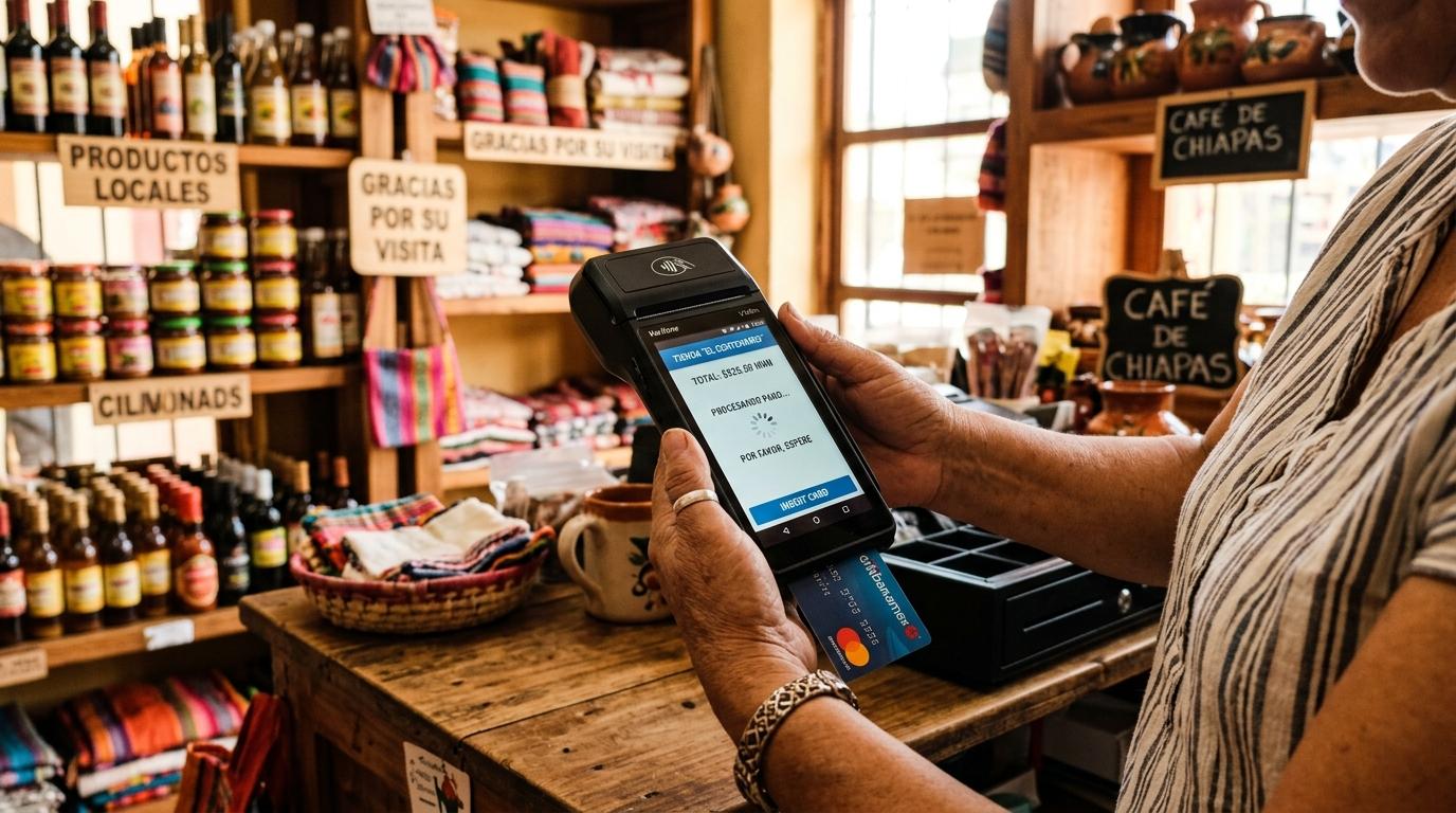 Manos de un comerciante utilizando una terminal de pago digital moderna en un pequeño negocio local mexicano, con un ambiente cálido y profesional