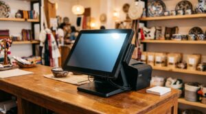 Una moderna terminal de punto de venta con pantalla táctil sobre un mostrador de tienda mexicana, iluminación cálida y ambiente profesional