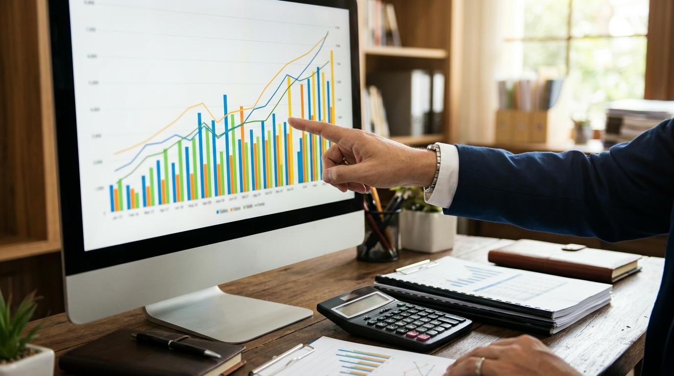 Una mano profesional señala datos históricos de ventas en una pantalla con gráficos de barras y tendencias, con una calculadora y documentos financieros
