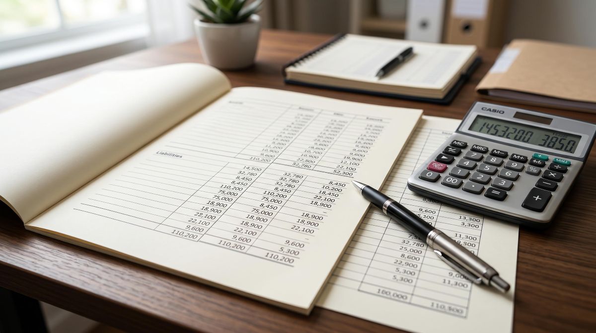 Primer plano de hojas de balance financiero sobre un escritorio con calculadora y bolígrafo, documentos contables ordenados con columnas de cifras claras