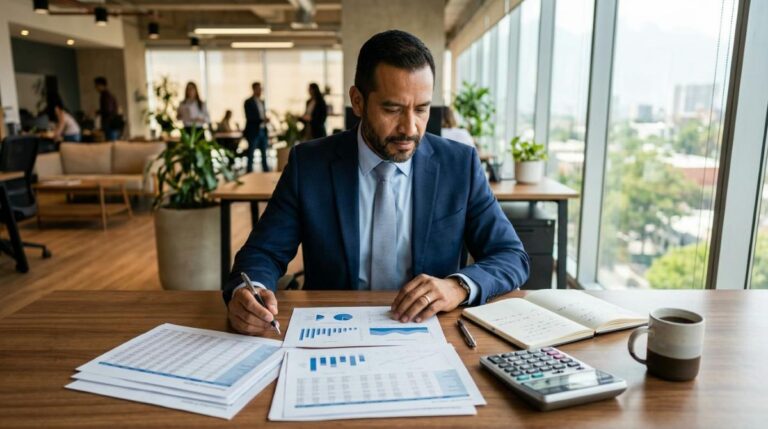 Empresario mexicano analizando documentos financieros en una oficina moderna con luz natural, calculadora y reportes contables sobre un escritorio