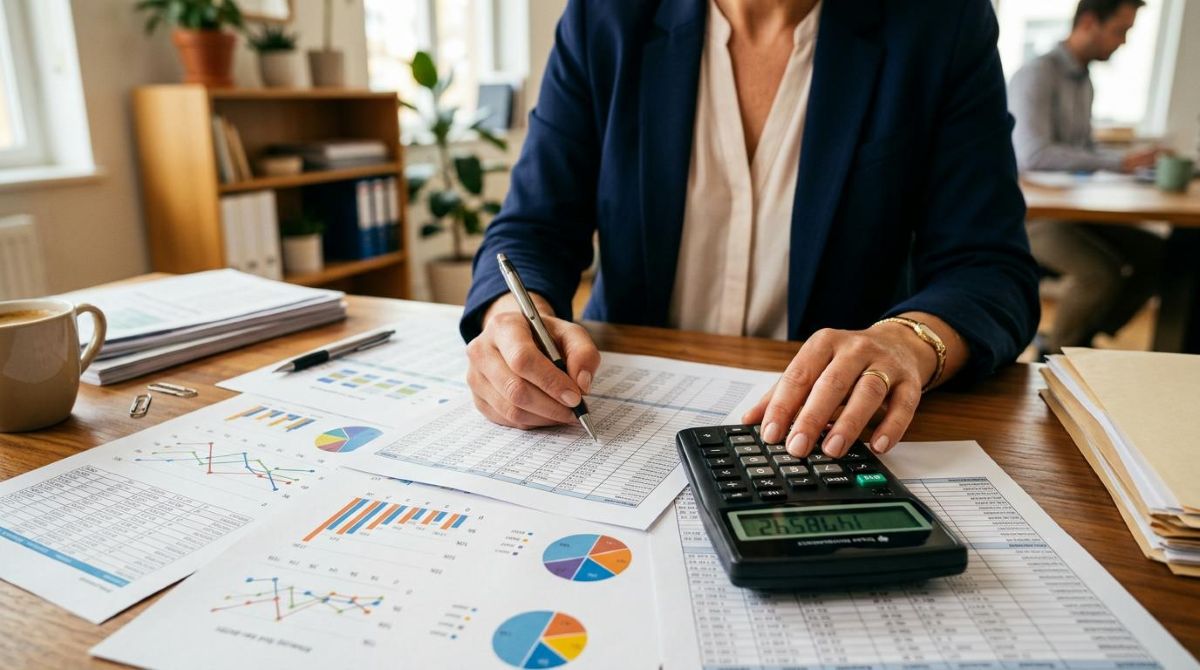 Primer plano de manos profesionales con una calculadora y documentos financieros sobre un escritorio, hojas de cálculo impresas con cifras y gráficas