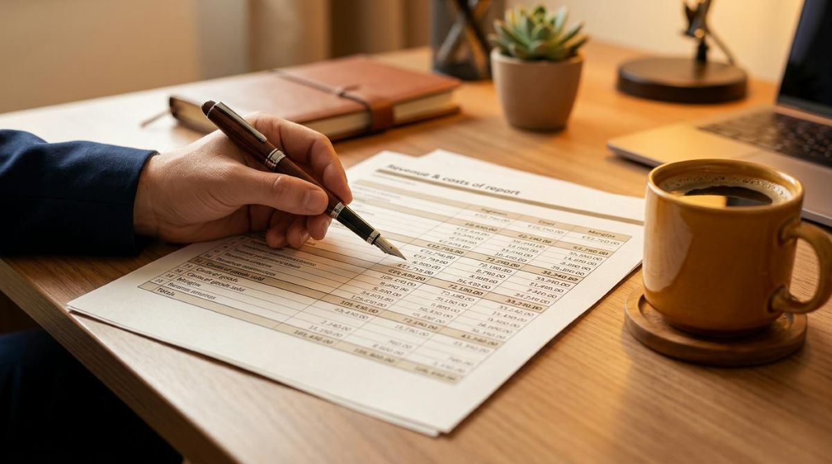 Close-up de un reporte de ingresos y costos de ventas desglosado por líneas sobre un escritorio ordenado, con un bolígrafo señalando una cifra