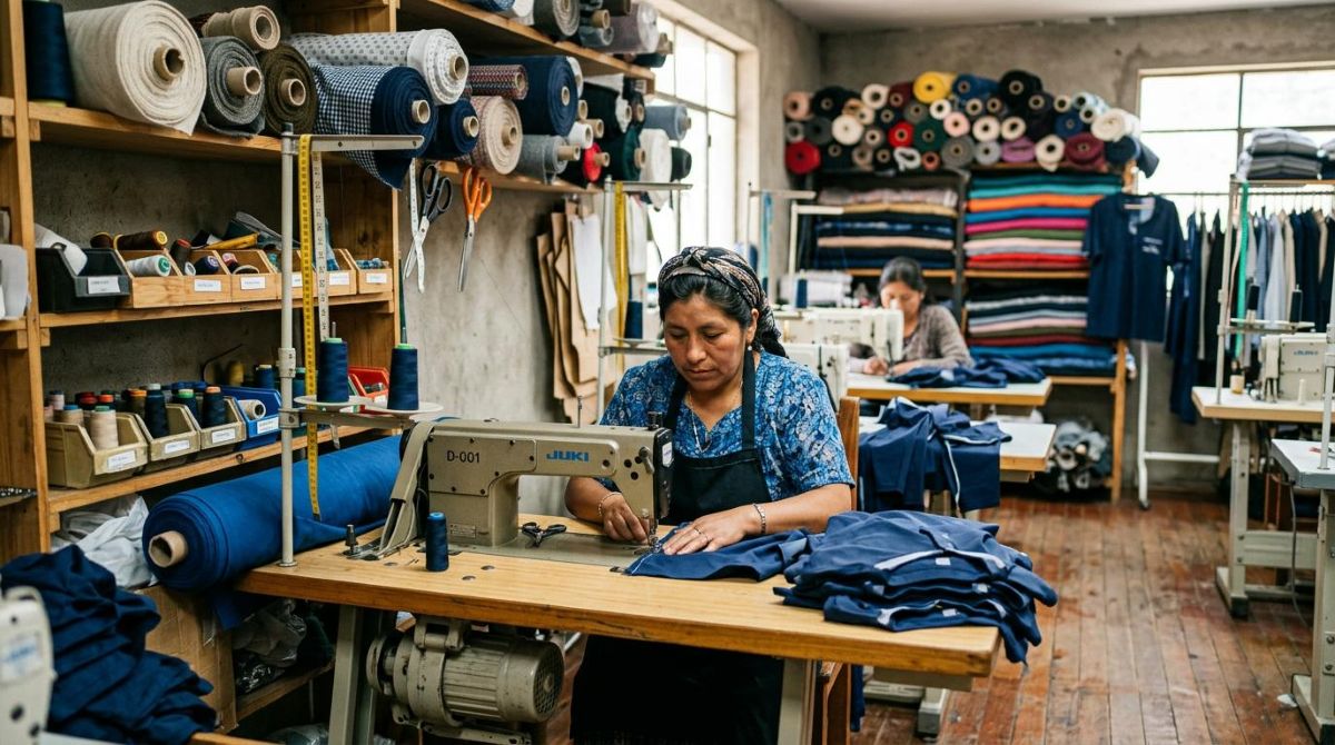 Un pequeño taller de costura con máquinas de coser y rollos de tela, donde una persona trabaja enfocada en la producción, representando los costos operativos