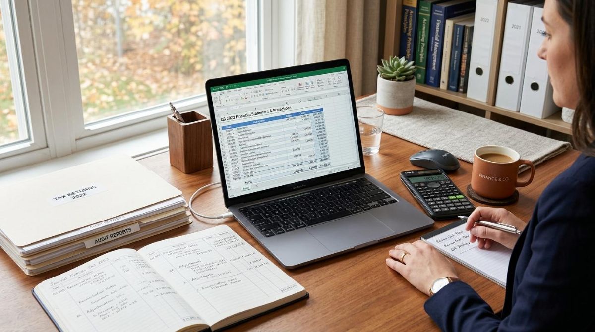 Escritorio organizado con documentos contables, laptop mostrando hojas de cálculo y calculadora junto a una taza de café
