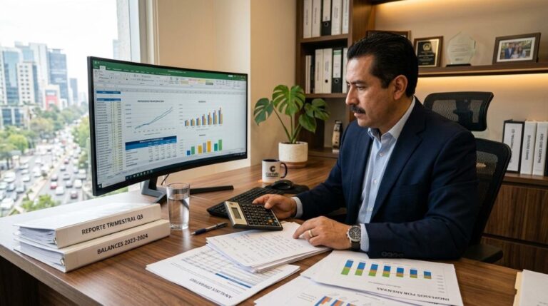 Un empresario mexicano analizando documentos financieros en una moderna oficina con tonos cálidos, sosteniendo una calculadora mientras revisa gráfico