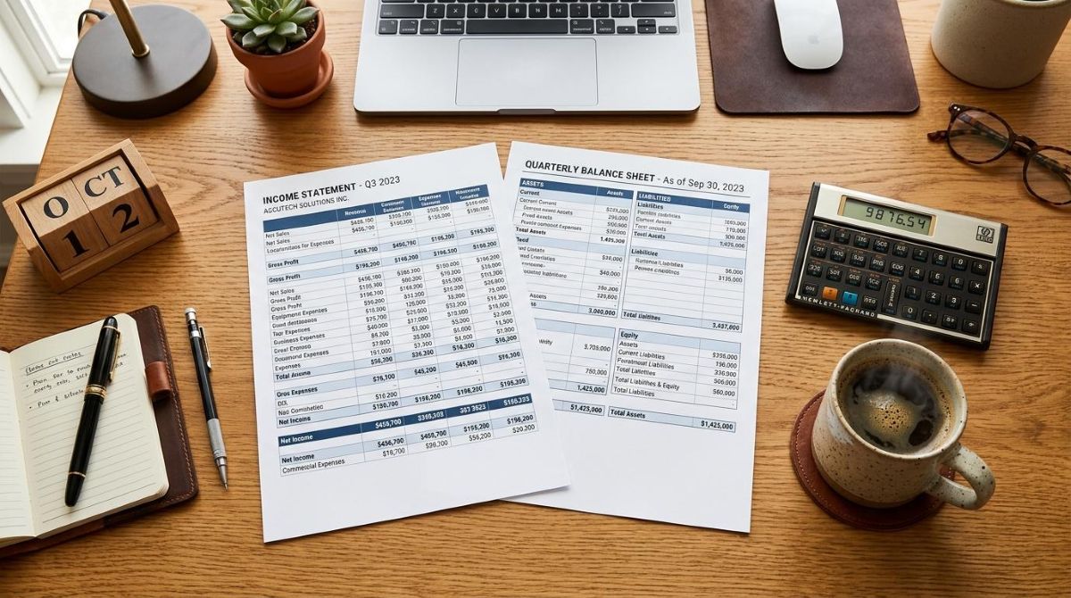 Vista superior de un escritorio profesional con estados de resultados, balance general y una calculadora, acompañados de una taza de café