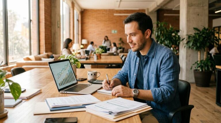 Emprendedor mexicano organizando las finanzas de su nuevo negocio en un espacio de trabajo moderno y luminoso, revisando una laptop con gráficos