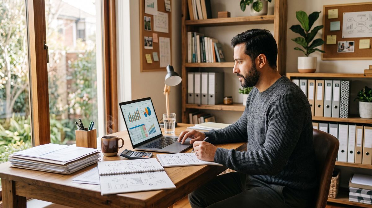 Pequeño empresario revisando estados financieros y proyecciones de crecimiento en una laptop, rodeado de documentos organizados y notas estratégicas