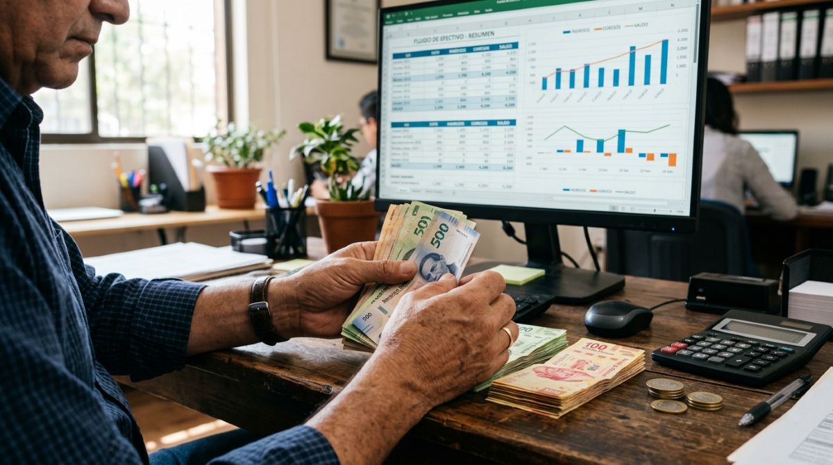 Manos de un dueño de negocio contando billetes mexicanos frente a una pantalla que muestra reportes de flujo de efectivo, en un ambiente de pequeña
