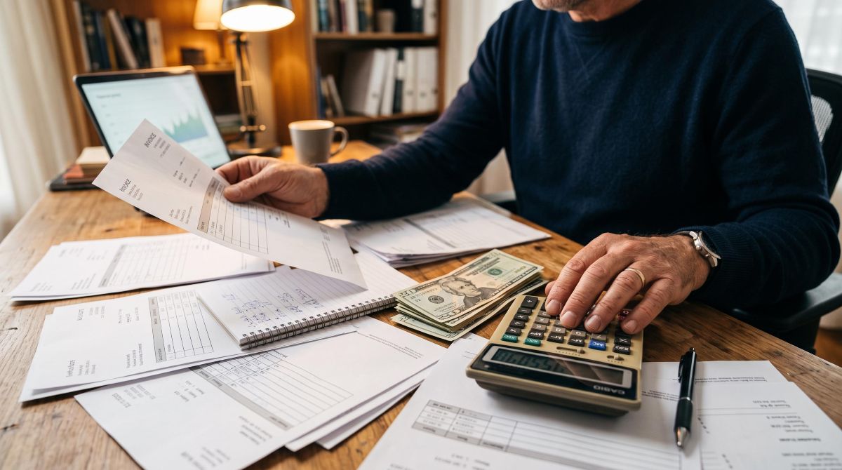 Manos revisando facturas, cuentas por pagar y bilientes sobre un escritorio de trabajo con calculadora y documentos financieros, iluminación cálida 
