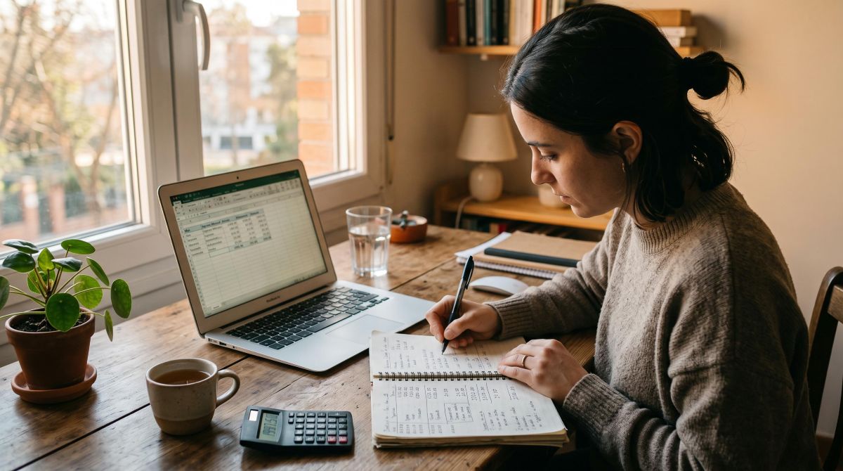 Persona calculando ingresos y gastos en un cuaderno junto a una computadora, con luz natural cálida iluminando el espacio de trabajo