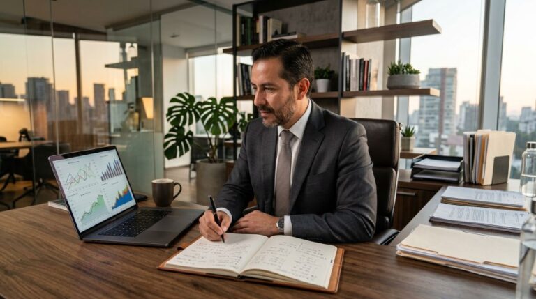 Un empresario mexicano analizando gráficos financieros en una laptop mientras toma notas en una libreta, sentado en una oficina moderna con iluminación