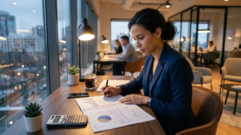Persona profesional analizando un documento financiero sobre un escritorio moderno, con una calculadora y gráficas de ingresos y gastos visibles