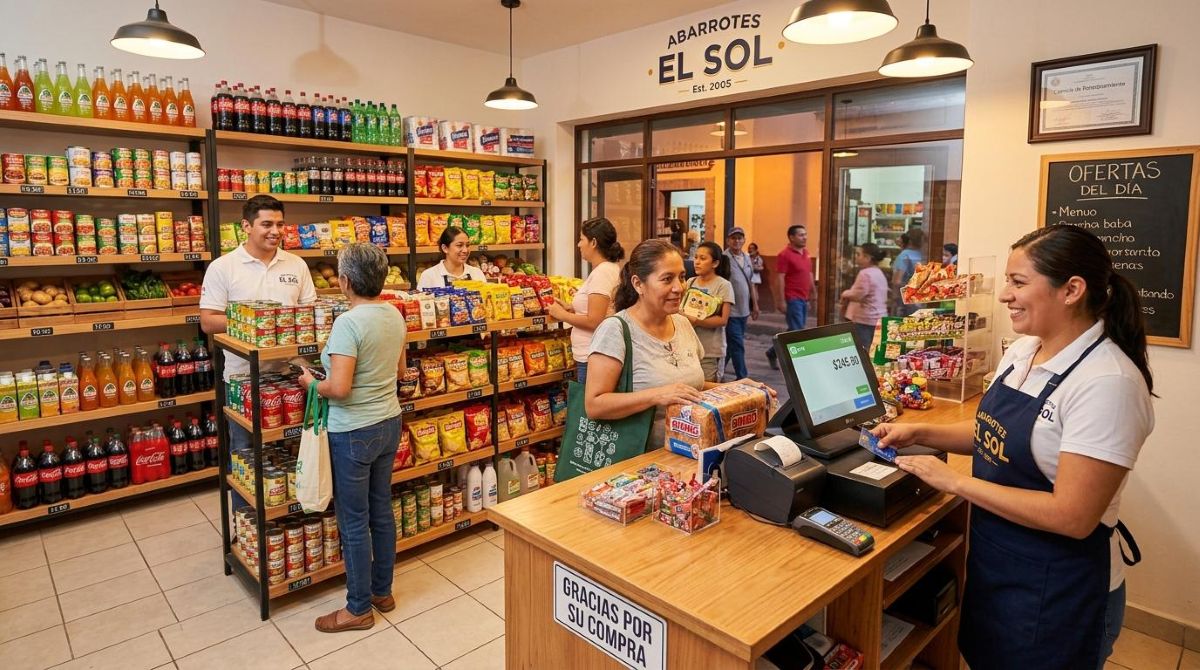 Pequeño negocio próspero en México con estantes de inventario organizados, mostrador de ventas limpio y caja registradora visible, personal atendiendo
