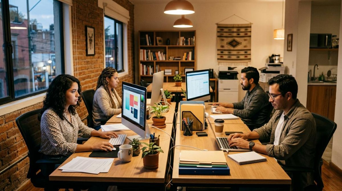 Interior de una pequeña empresa mexicana con empleados trabajando en estaciones de trabajo modernas, computadoras y documentos sobre escritorios ordenados