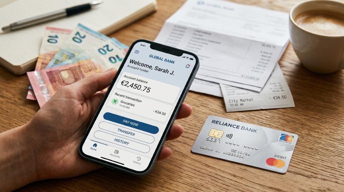 Close-up de una tarjeta bancaria y un smartphone mostrando una aplicación bancaria sobre una mesa con facturas y documentos