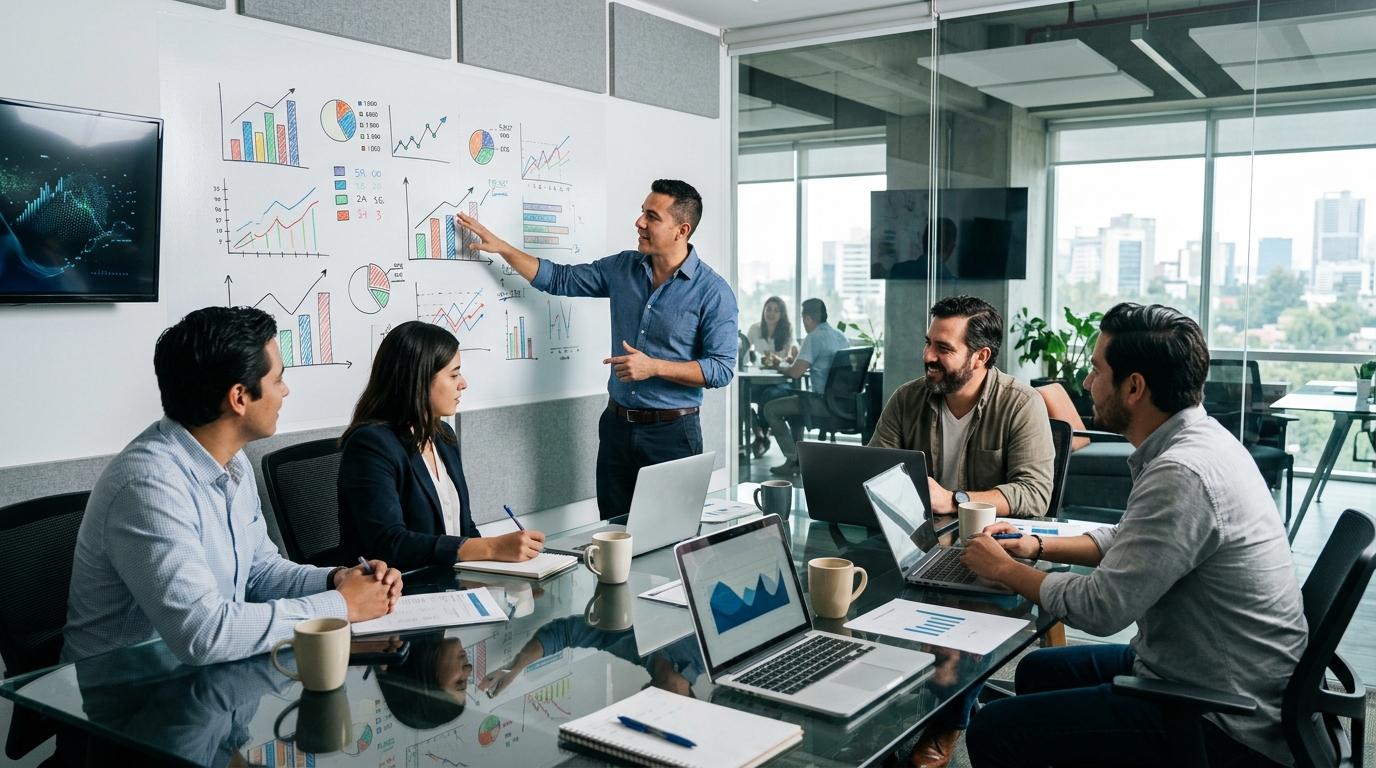 Un equipo comercial en una oficina moderna en México revisa métricas de rendimiento en una pizarra con gráficos, con laptops y tazas de café