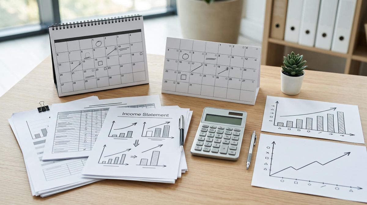 Calendario de pagos y documentos financieros organizados sobre un escritorio limpio junto a una calculadora y gráficas de proyección