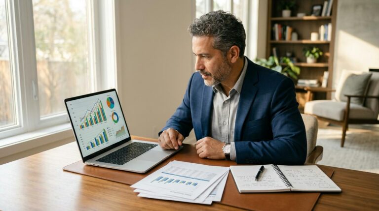 Un profesional de negocios analiza gráficos de proyección de ventas trimestrales en una pantalla de laptop moderna, con documentos financieros organizados
