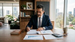 Empresario mexicano revisando documentos fiscales en una oficina moderna con luz natural, calculadora y gráficos sobre el escritorio de madera