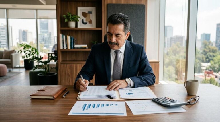 Empresario mexicano revisando documentos fiscales en una oficina moderna con luz natural, calculadora y gráficos sobre el escritorio de madera