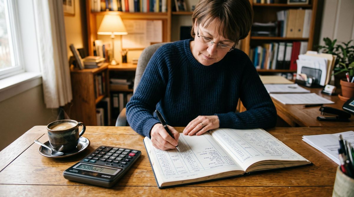Persona anotando meticulosamente registros contables en una libreta junto a una calculadora y una taza de café, representando el control y registro 