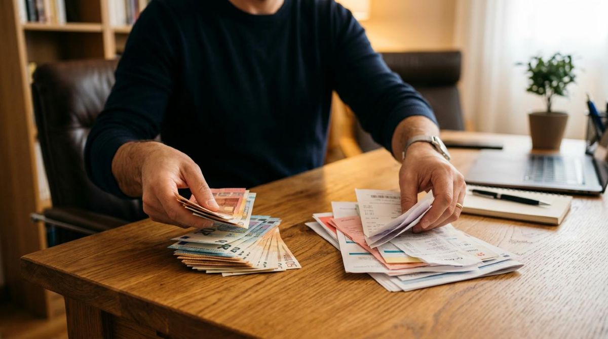 Manos separando billetes y facturas en dos pilas distintas sobre un escritorio de madera, simbolizando la separación clara de finanzas personales 